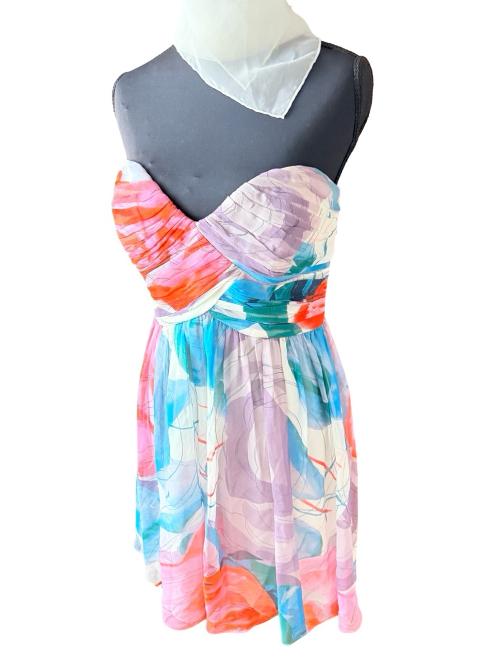 Donna Morgan 100% Silk Watercolor Strapless Halter Mini Dress Size 8 Multicolor - Picture 3 of 6